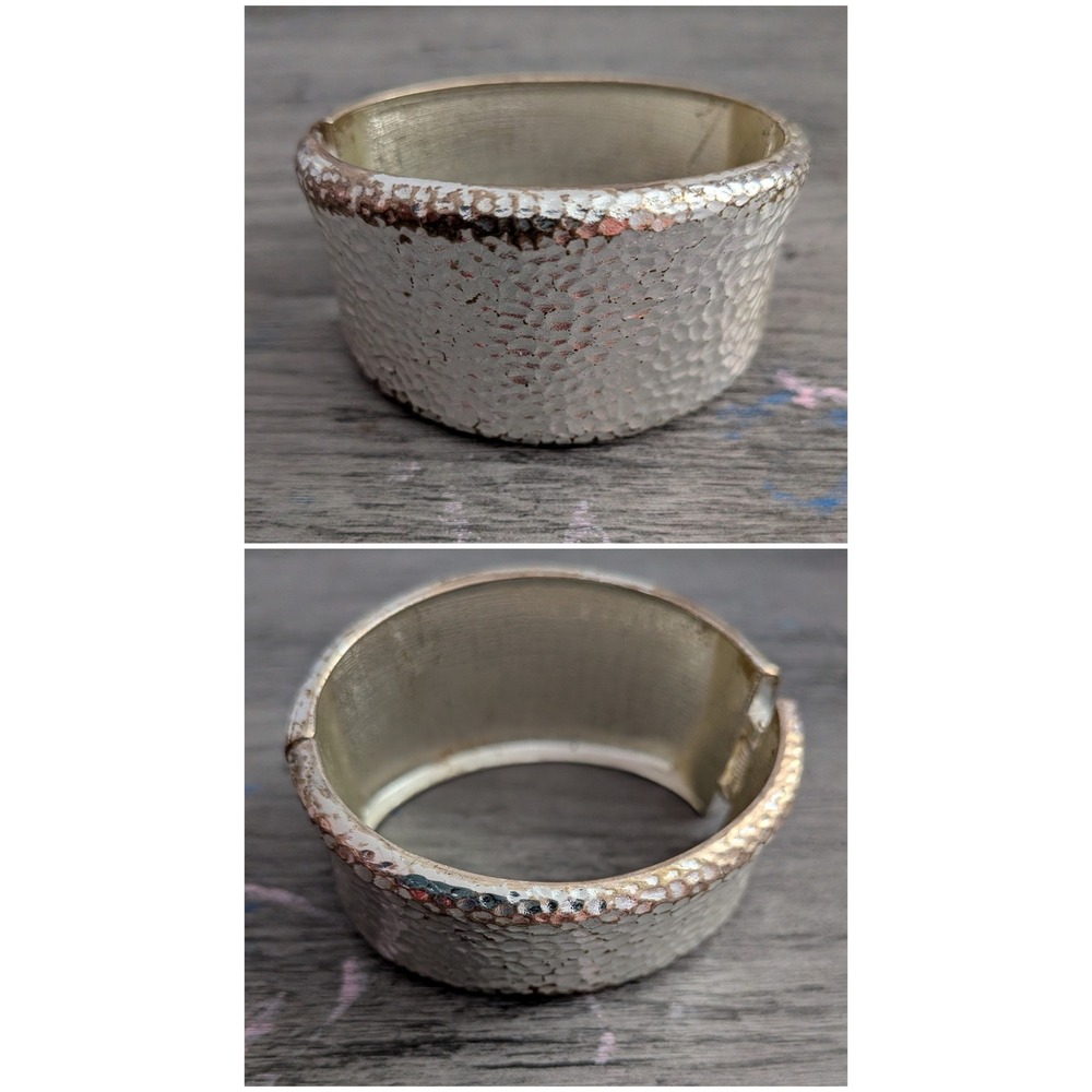 Hammered Silver Tone Hinged Wide Cuff Statement Bracelet Textured Metal